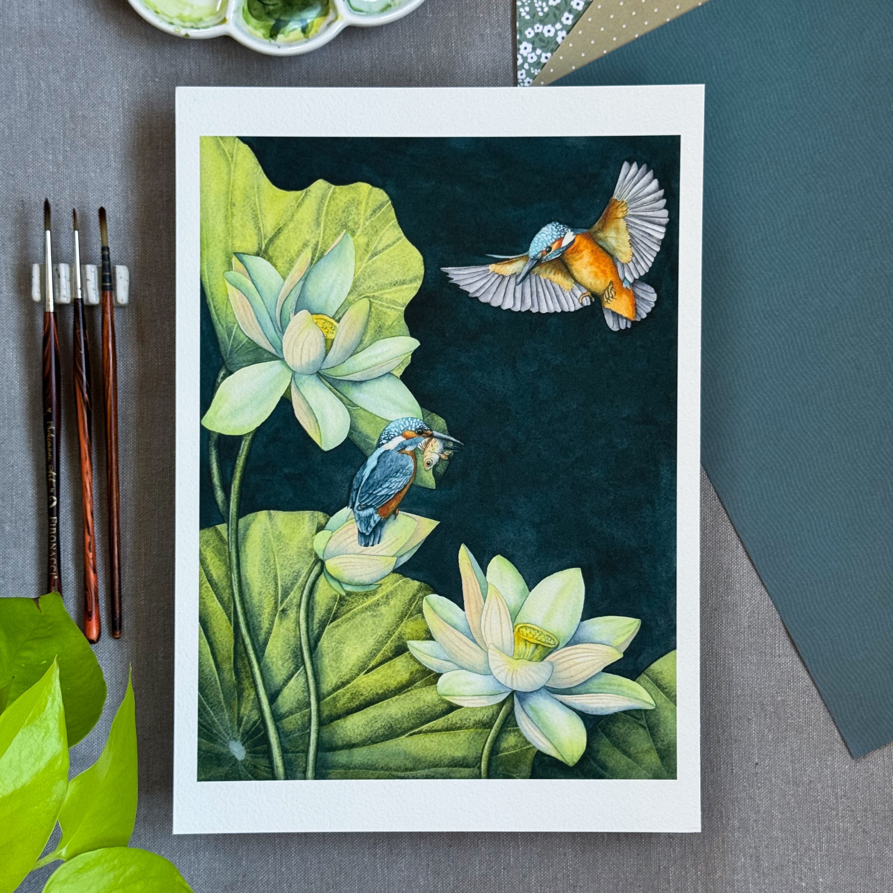 Les Martins-pêcheurs et les lotus (Kingfishers and Lotus) — Fine Art Print
