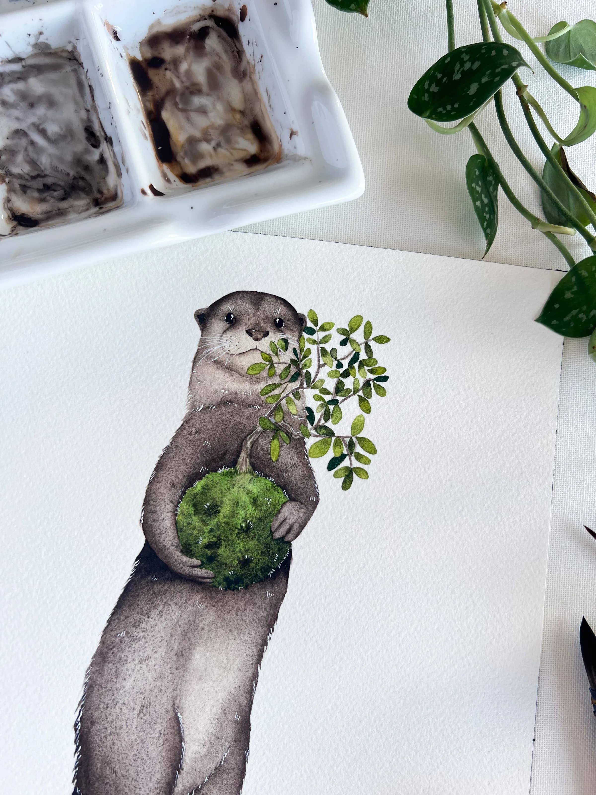 Aquarelle loutre avec kokedama, atelier Metsleauencouleur