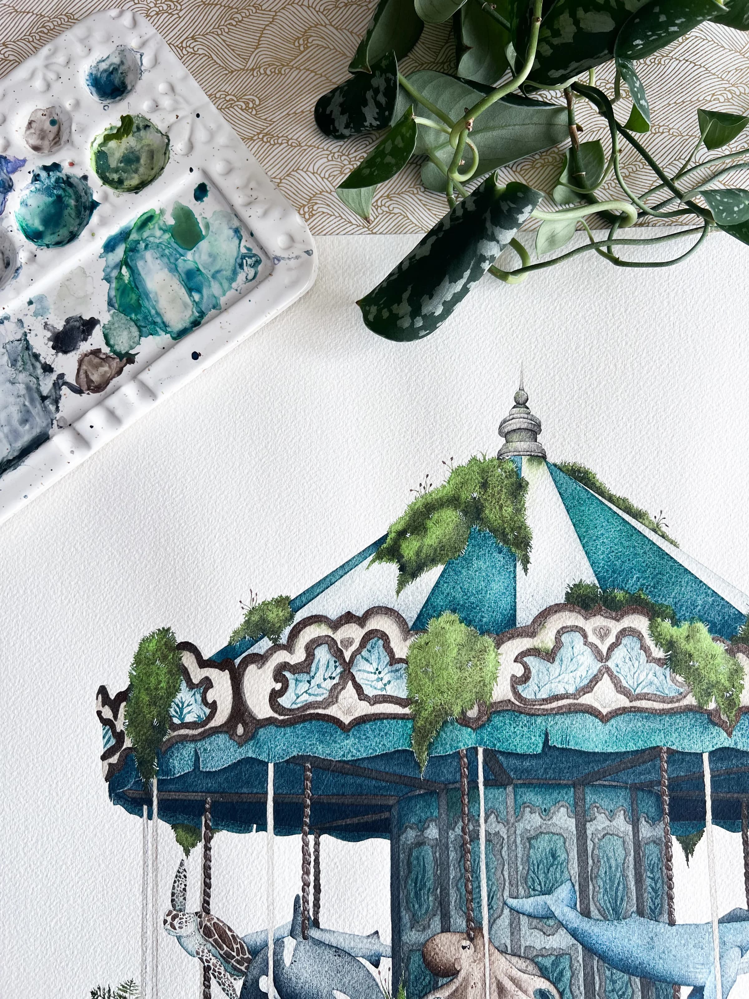 Aquarelle manège en cours de création, atelier Metsleauencouleur